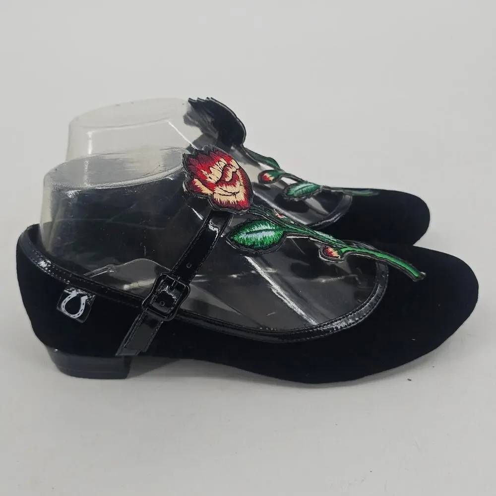 Miss L Fire Black Velvet Floral Embroidered Mary Jane Flats Ballet Shoe 37 6.5